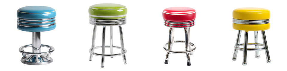 Colorful retro bar stools in blue green red yellow modern design on transparent background