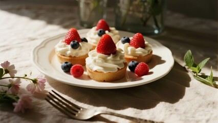 Mini fruit tarts with whipped cream, strawberries, and blueberries on a white plate, set on a table with natural light and floral accents.