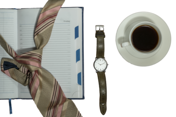 open diary, necktie, watch, coffee cup, businessman's set, business picture, background, business style