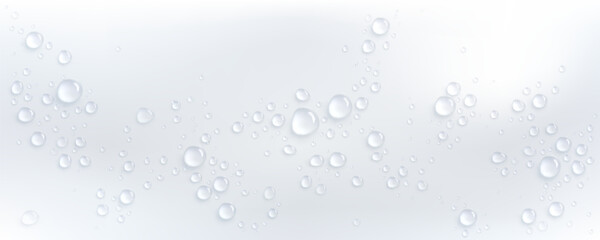 Wet white glass surface with crystal droplets and condensation for clean background. Fresh water beads or rain drops on window. Pure moisture texture with spherical bubbles. Teardrop overlay effect.