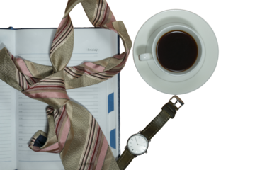 open diary, necktie, watch, coffee cup, businessman's set, business picture, background, business style