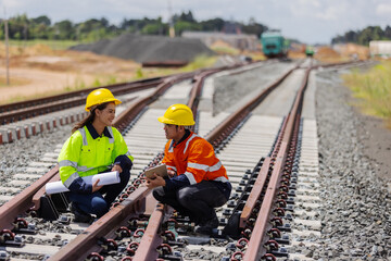 Two railway engineers in safety helmets and reflective jackets inspect rail alignment and fasteners on a new track. They discuss project details using blueprints, emphasizing teamwork and precision.