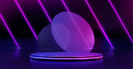 Neon podium with purple blue gradient lighting and laser beams for futuristic product display. Glowing platform with geometric shapes and illumination for technology showcase or cyber presentation.