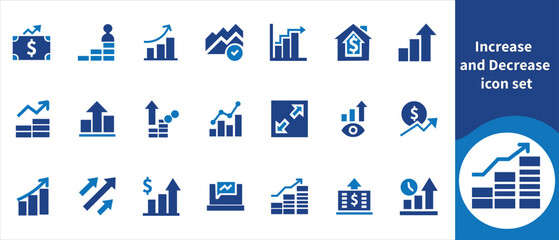 Icon set increase and decrease, outline, United States, dollar, USD, white, cash, investment, collection, higher, banking, dollar, button, flat, cost, sale, decrease, money, increase and more