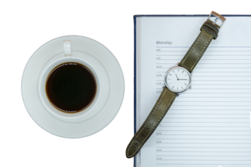 open diary, watch, coffee cup, businessman's set, business picture, background, business style