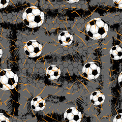 Modern football texture with black and white soccer balls on gray background and orange splashes. Ideal for streetwear, sports branding, posters, and athletic textile design.