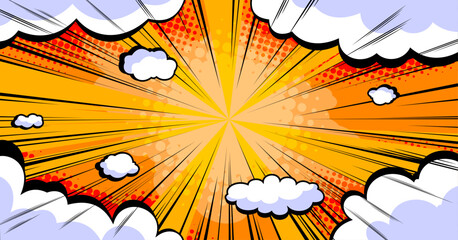 Naklejka na ściany i meble Comic superhero background with motion effect and clouds. Vector cartoon illustration of empty speech bubbles on orange backdrop, super power speed lines, anime style frame, retro manga book design Naklejka na ściany i meble Comic superhero background with motion effect and clouds. Vector cartoon illustration of empty speech bubbles on orange backdrop, super power speed lines, anime style frame, retro manga book design