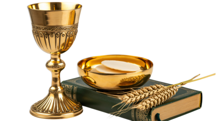 Golden chalice with host and wheat, a symbol of faith and tradition