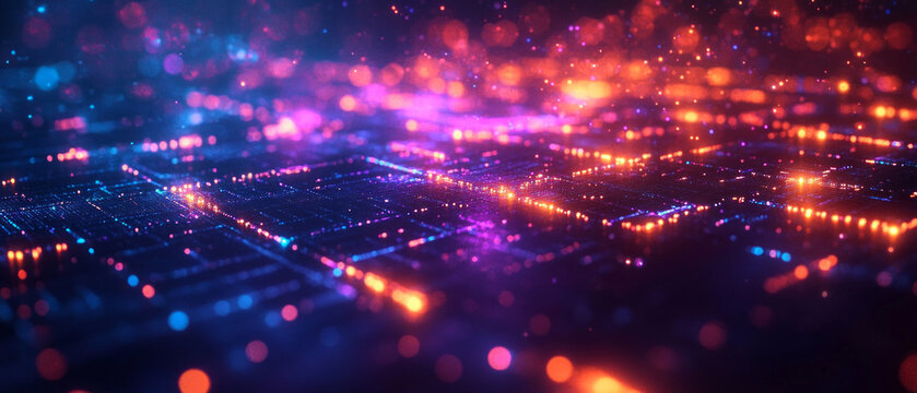 An abstract digital background with bright lights and a grid—an illustration of technology, innovation, futurism, and digital projects.