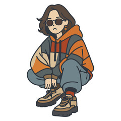 Cartoon Style Detailed Female Character Squatting with Relaxed Expression Illustration