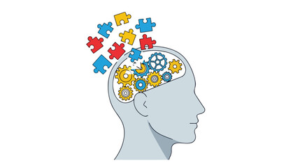 Illustration depicting a human head with gears and puzzle pieces representing thought processes.