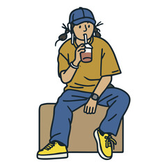 Casual Line Art Young Woman Sipping Drink While Sitting Down Illustration