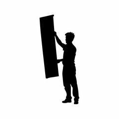 Silhouette of a worker creating awareness banners isolated on white background