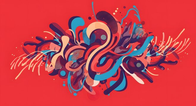Vibrant abstract composition with flowing, organic shapes and gradients on a red background - Powered by Adobe