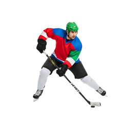 Obraz premium Professional male ice hockey player in action isolated On Transparent Background