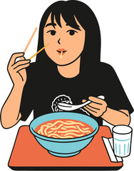 Flat Illustration of a Young Woman Enjoying a Bowl of Noodles