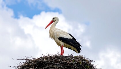 White stork stands majestically on its nest against a cloudy sky background
