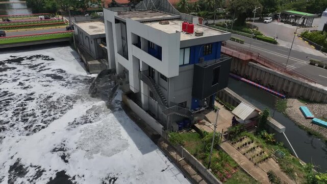 Aerial view of treatment facilities. Pumping stations and stream cleaning. Industrial and municipal water treatment for large cities. For circular sedimentation tanks. And flood control.