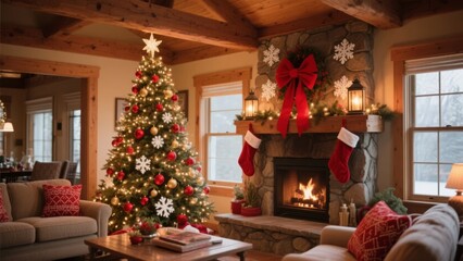 Cozy living room decorated for Christmas with a lit tree, fireplace, and holiday ornaments