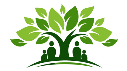 Stylized green tree sheltering family silhouettes on a small hill