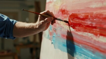 Artist applying red paint with a brush on a canvas in a studio setting