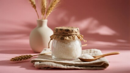Glass jar filled with white powder, sealed with cork and twine, placed on cloth with wooden spoon and wheat stalks on pink background