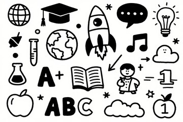 Collection of educational icons including books, globe, rocket, apple, and scientific symbols