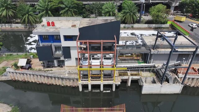 Aerial view of treatment facilities. Pumping stations and stream cleaning. Industrial and municipal water treatment for large cities. For circular sedimentation tanks. And flood control.