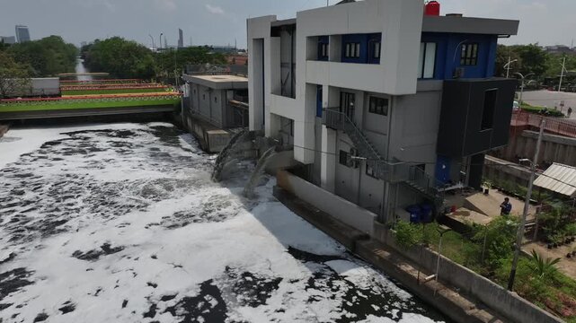 Aerial view of treatment facilities. Pumping stations and stream cleaning. Industrial and municipal water treatment for large cities. For circular sedimentation tanks. And flood control.