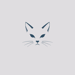 Minimalist graphic of a cat's face, featuring pointed ears, eyes, and whiskers, rendered in a muted blue tone.
