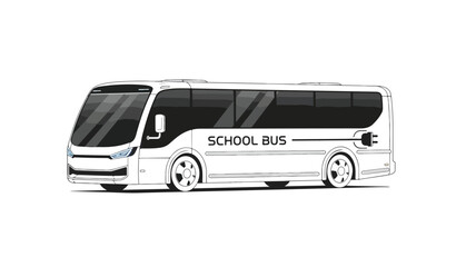 A white electric school bus is depicted in a side view, featuring a charging plug symbol, against a plain white background.