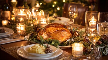 Festive Roast Turkey Dinner with Candles and Glassware on Elegant Holiday Table