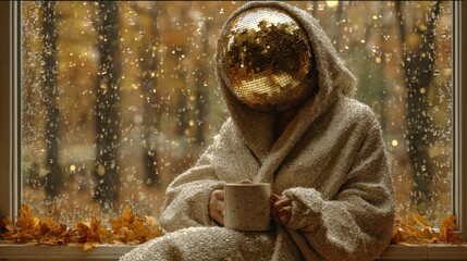 Person with a disco ball head, wrapped in a soft blanket, enjoys a warm drink by a rainy window, surrounded by colorful autumn leaves and a dreamy ambiance