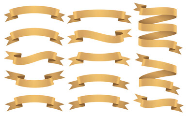 Collection of golden ribbons and banners for festive decorations and announcements isolated on transparent background