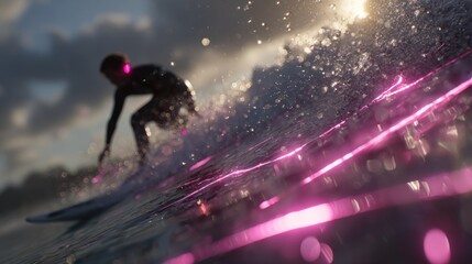 Individual surfing on a wave during sunset, with water splashes and colorful reflections creating an energetic atmosphere, capturing the essence of adventure and freedom