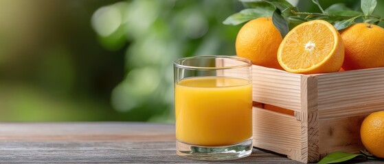 Freshly squeezed orange juice served in a glass next to a wooden crate filled with ripe oranges under natural light