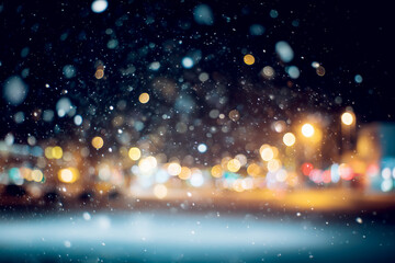Falling snow with city lights bokeh effect