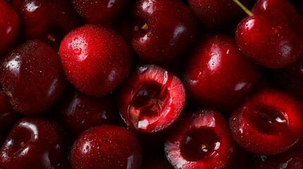 macro close up of sliced cherries filling frame under artistic low light