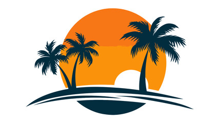Tropical sunset scene with palm trees silhouetted against a bright orange sun