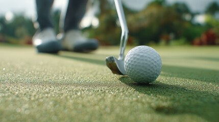 professional golfer preparing to putt on green in detailed wide view