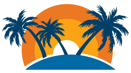 Sunset scene with blue palm trees and sea