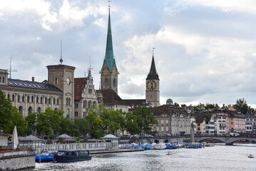 Limmat River, Clocktowers, and Traditional Houses in Zurich, Switzerland