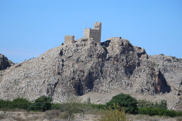 Ruins of Ancient Amouda Castle (Hemite Castle) on Rocky Hill Overlooking Ceyhan River Wetlands in Turkey