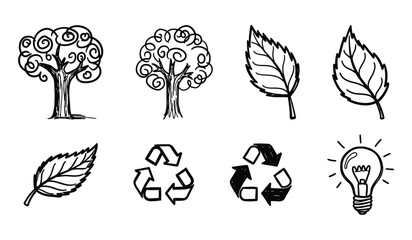 Black and white hand drawn icons of trees leaves recycling symbols and light bulb leaf