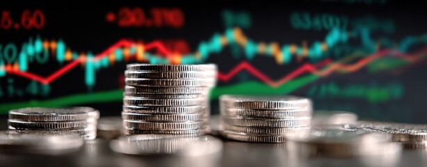 The Coin Stacks in Front of a Blurred Stock Market Graph Showing Financial Growth