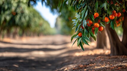 Bright oranges hanging on trees in a sunny orchard with rows of greenery and a clear blue sky