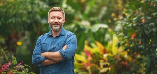 The man standing confidently in a lush tropical garden with colorful foliage