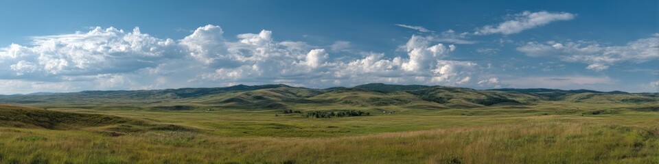 Fototapeta premium Vibrant hdr panorama of serene hills nature landscape open sky view