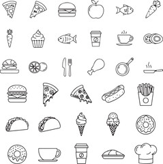 Minimalist Food Icon Set – Line Art Collection of Fast Food, Drinks, and Kitchen Items