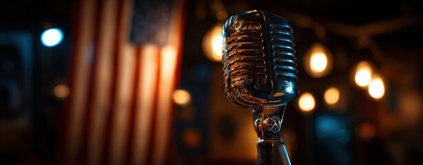 The microphone vintage style on a stand in a dimly lit retro American bar stage